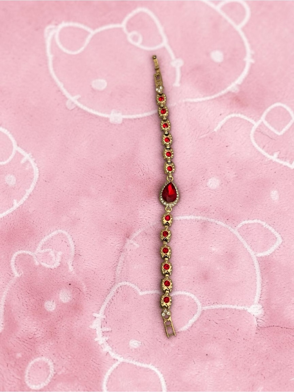 Gold Tone Red Rhinestone Tennis Bracelet Pear Cut Red Crystal